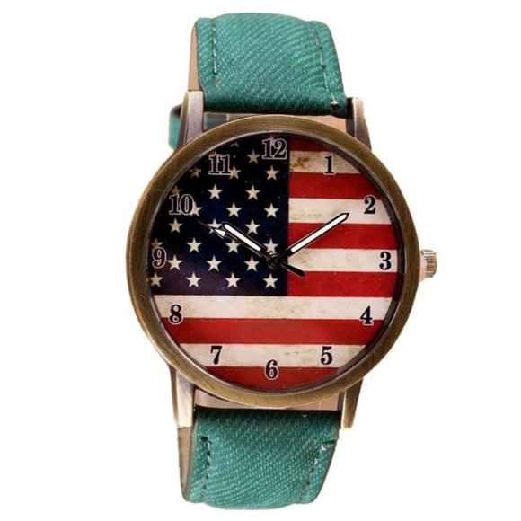 American Flag Watch w/ Green Wrist Strap‎ - Faux Leather, Patriot USA Quartz - Picture 1 of 3